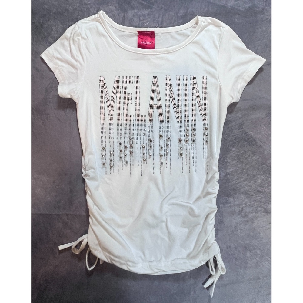 Fashion of New York T-Shirt Women Small White Melanin Rhinestone Ruched Side Tie
